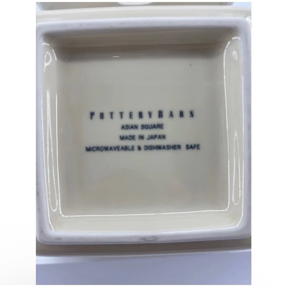 Pottery Barn Asian Square 12pc Set 6 Noodle Bowls 6 Plates Putty Brown Rim Japan
